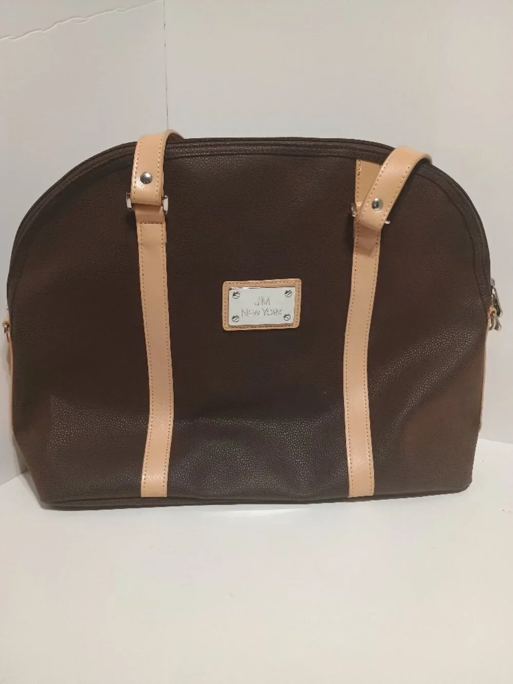 JM New York Brown Pebbled Faux Leather Large Dome Tote Shoulder Bag Beige Trim